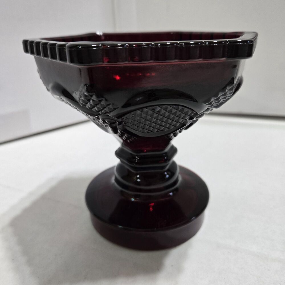Vintage Avon 1876 Cape Cod Ruby Red Glass Hexagon Pedestal Bowl Compote